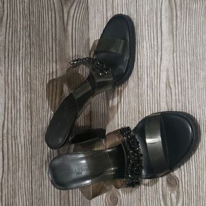 Karl Lagerfeld Brently smoke plastic straps with rhinestones high heels size 8.5